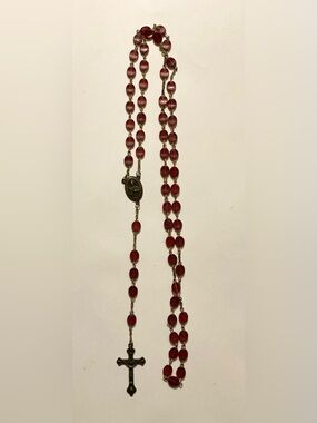 Red Bead Rosary Necklace - Religious Cross Pendant